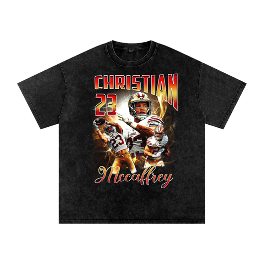 Christian McCaffrey 49ers T-Shirt – Fire Collage Design | NFL Superstar RB #23 Tee - Calzy Studios